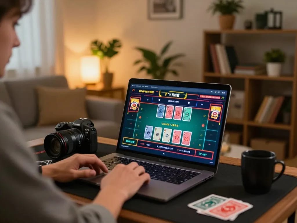 Engaging in online gaming at https://gg88.my/, showcasing live dealer excitement in a cozy home setup.