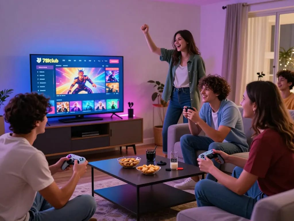 Friends enjoying gaming experience on 789club platform in a lively atmosphere