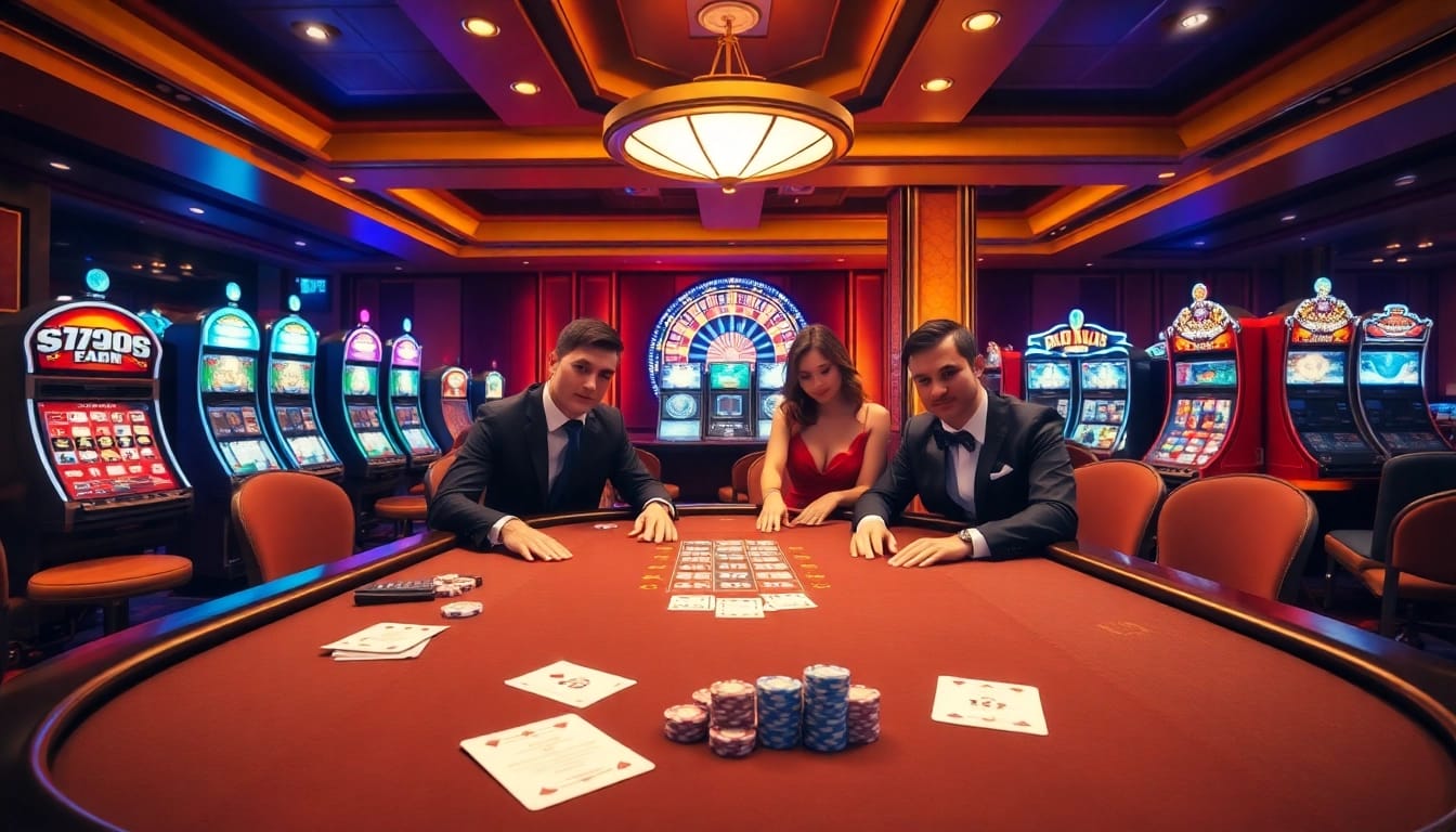 A thrilling poker game at 13win com showcases players with poker chips, cards, and a roulette wheel in a vibrant casino.