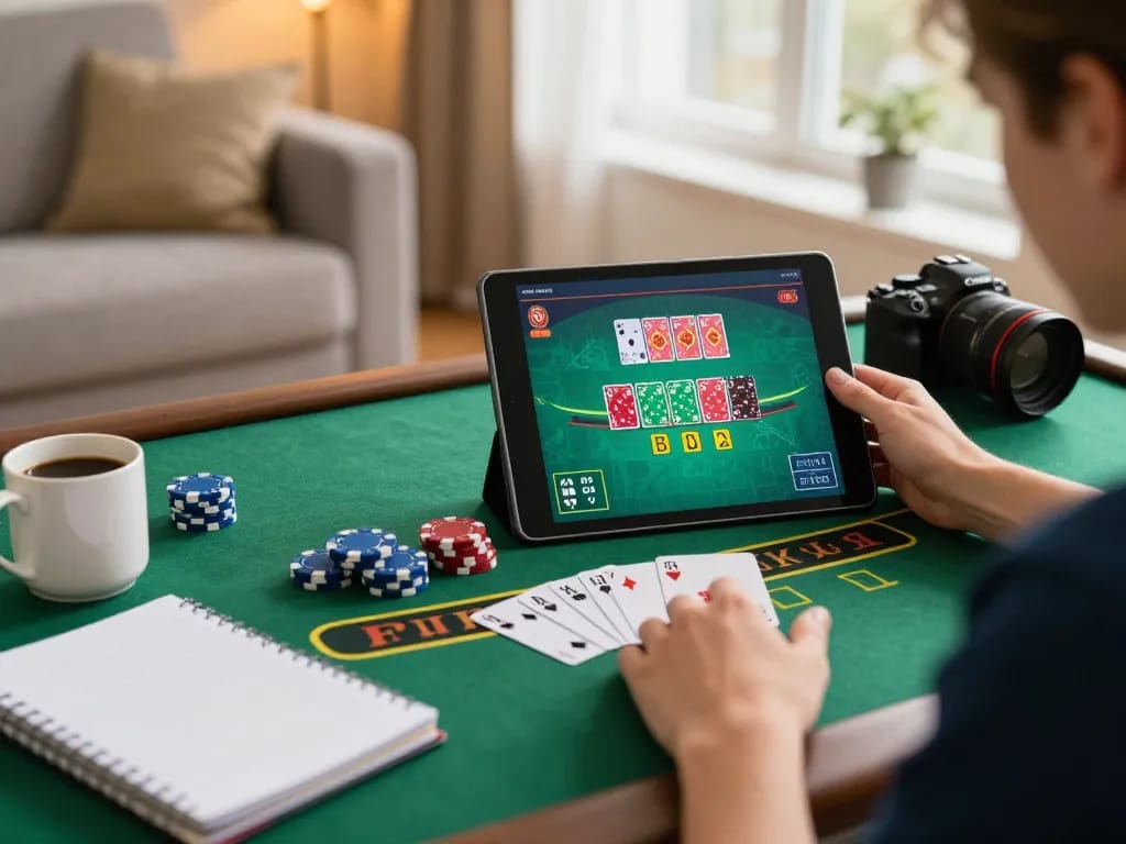 Engaging in strategic blackjack gameplay on 33win in a cozy home setting with tablet and notes.