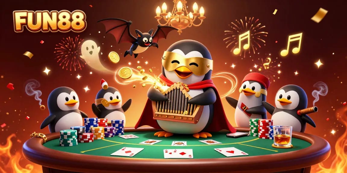 Experience the excitement of FUN88 with a vibrant casino scene featuring winning poker moments.