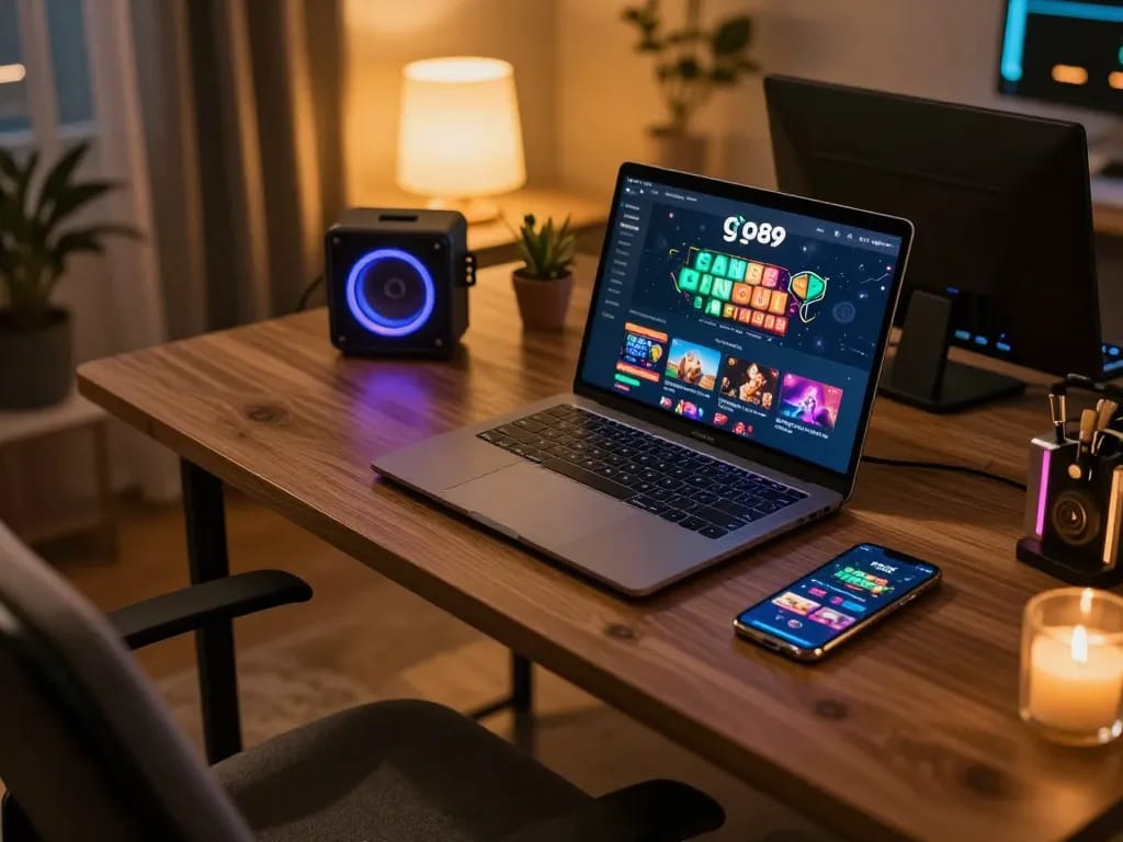 Experience go89's thrilling online gambling with a dynamic gaming setup illuminated by warm lighting.