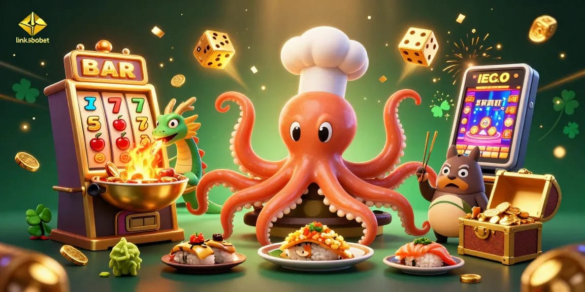 Experience excitement with link sbobet as a cartoon octopus chef prepares gourmet dishes in a lively casino.