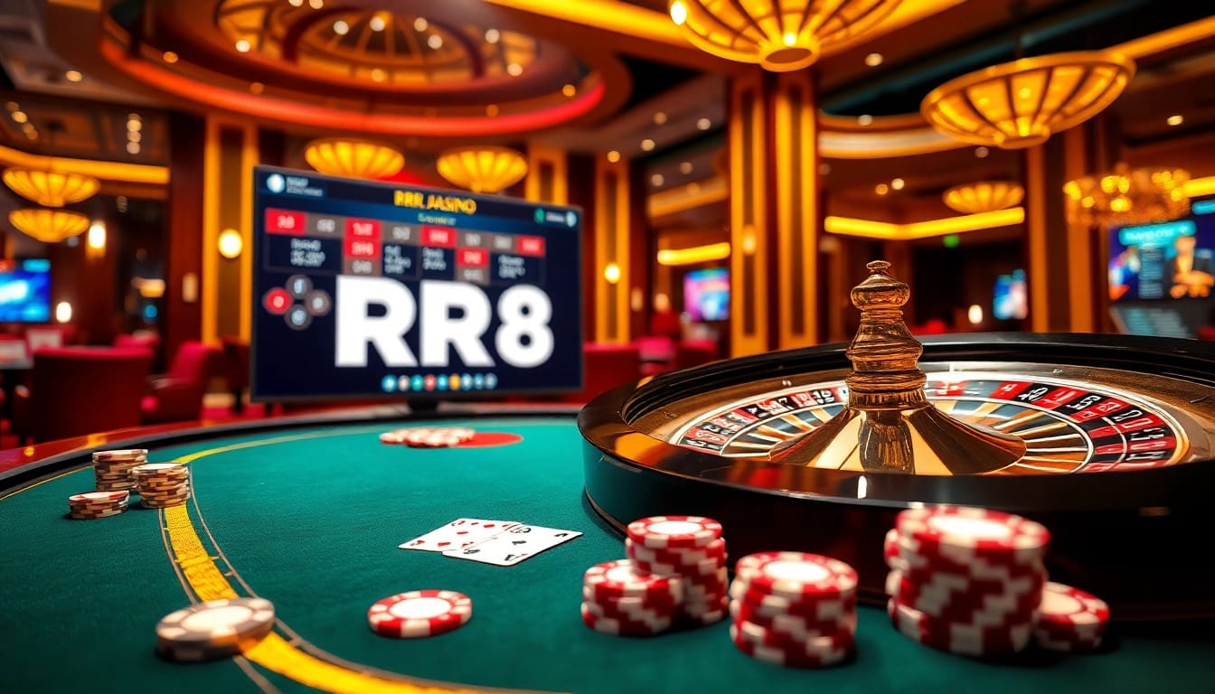 RR88 online casino scene featuring poker chips, cards, and roulette, showcasing an exciting gambling atmosphere.