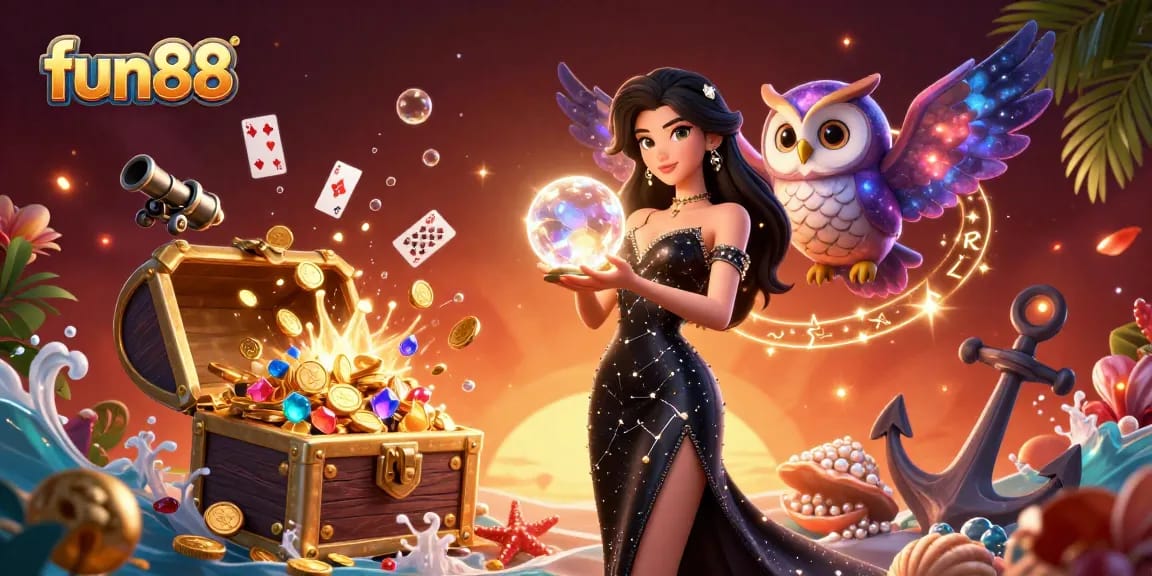 Experience thrilling fun88 moments as a mystical woman conjures luck surrounded by rich casino elements.