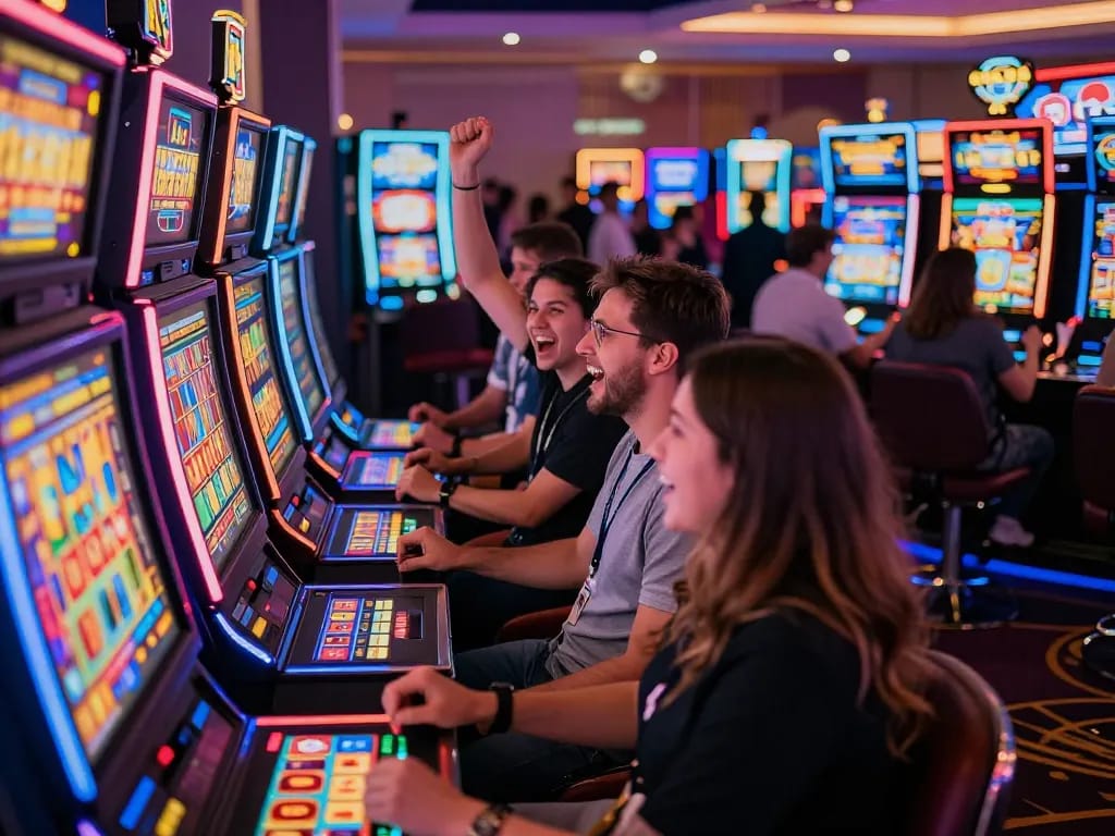Celebrate wins at vibrant slot machines in a lively casino atmosphere