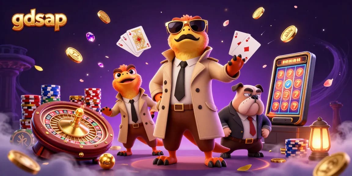 Gdsap showcases three raptors in a trench coat at a vibrant casino VIP lounge.