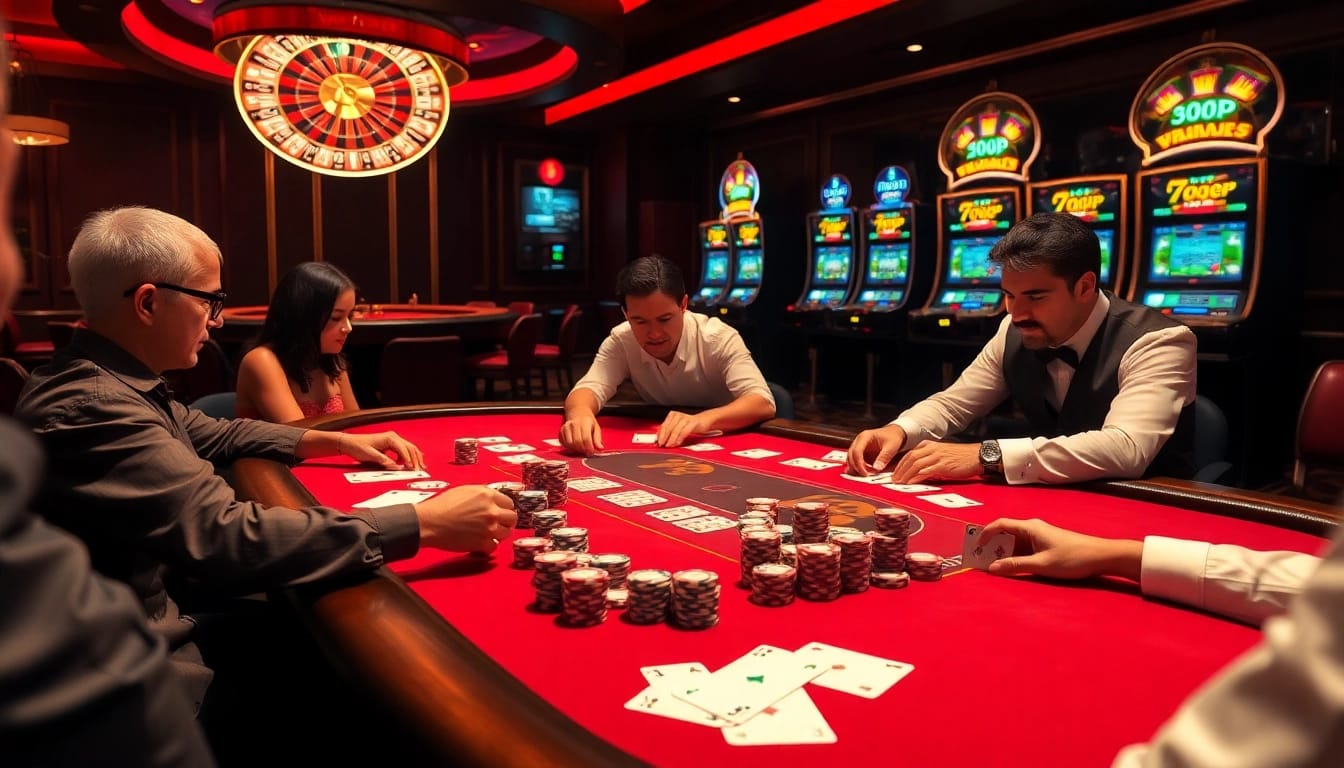 Intense gamblers strategizing over a poker table in a luxurious 7m casino atmosphere.
