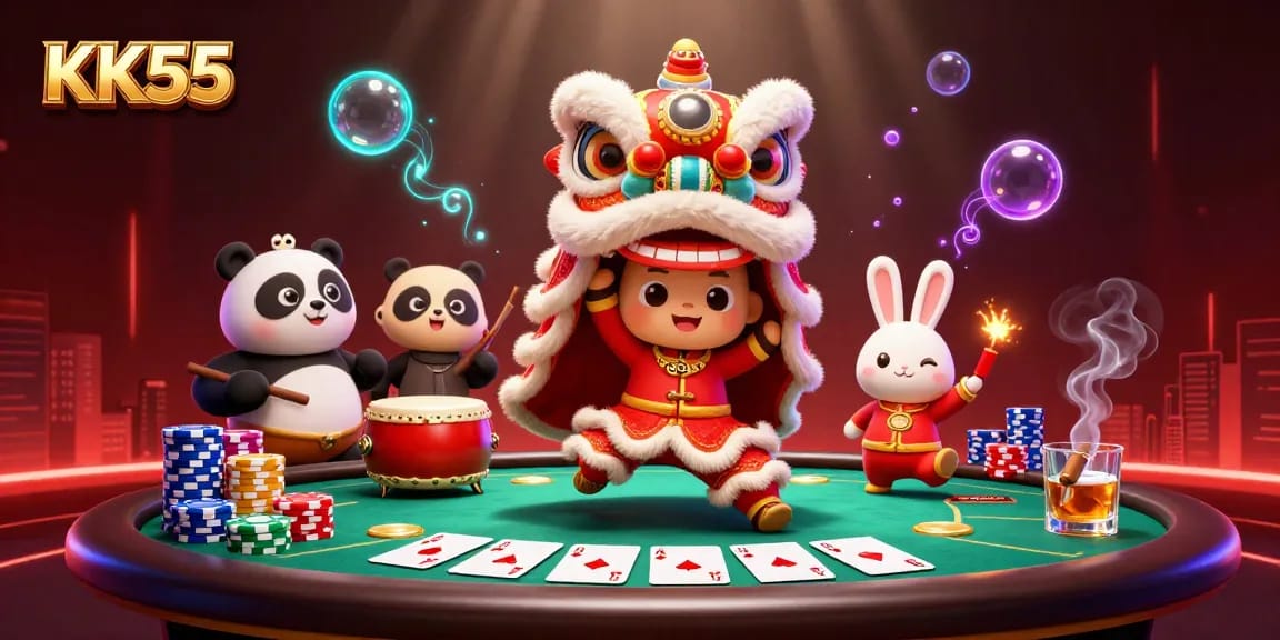 Experience winning at KK55 with a vibrant casino scene featuring a lion dance and poker elements.