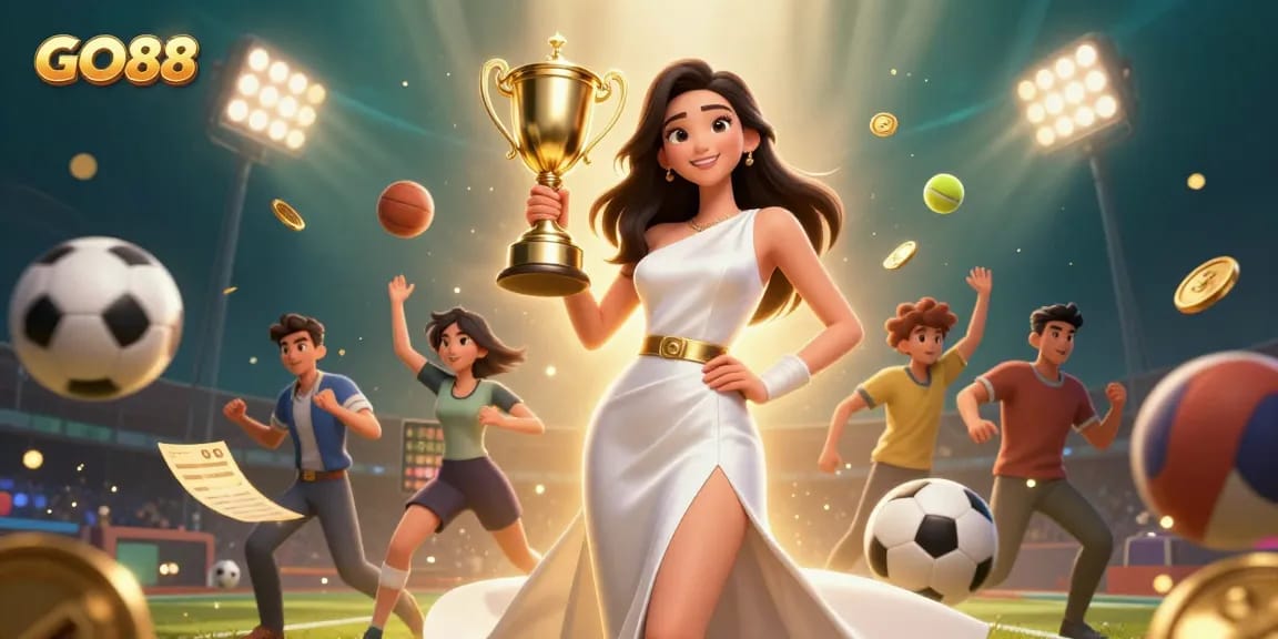 Experience the thrill of GO88 with dynamic sports betting elements and a victorious character in a vibrant casino scene.