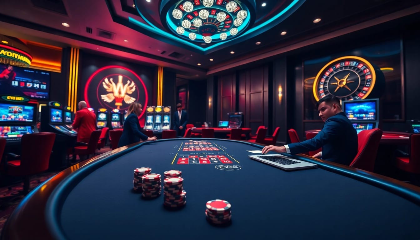 Exciting Ev88 casino scene showcasing vibrant gaming tables and professional dealers.