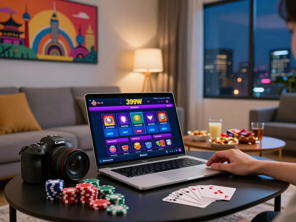Engaged user exploring the 399W online betting platform in a cozy home setting.