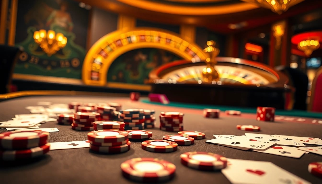 Experience the thrill of winning at 98win with a luxurious poker table and roulette wheel scene.