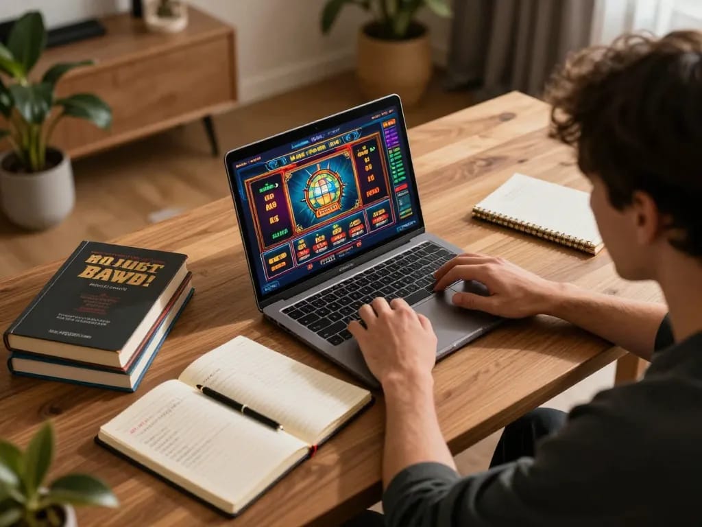 Engaging in Game nổ hũ uy tín at a cozy online gaming setup with warm lighting.
