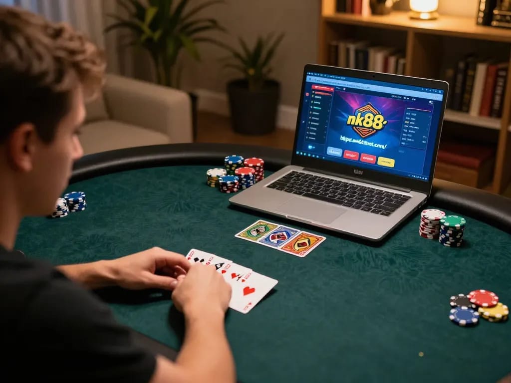 Player engaged in strategic gameplay at https://nk88net.com/ using laptop for an exciting online poker session
