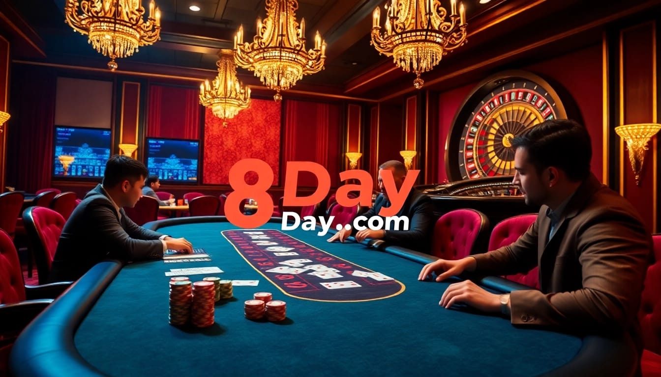 Exciting poker game at 8day.cn.com with colorful chips and cards highlighting casino atmosphere.