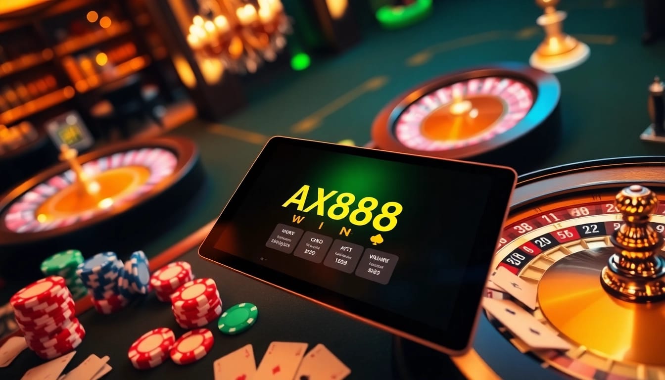 AX88 WIN online gambling interface surrounded by poker chips and roulette wheel.