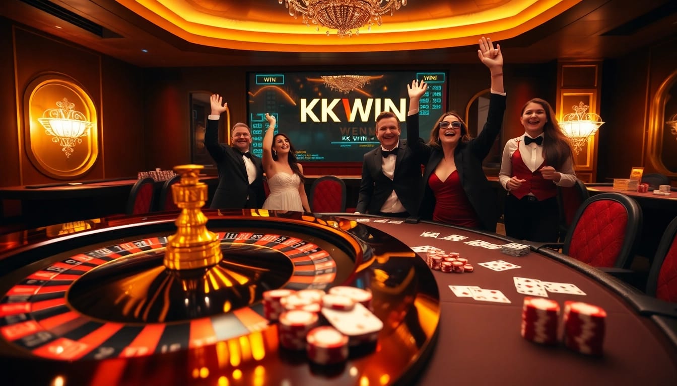 Celebrate big wins with KK WIN at a luxurious casino featuring a roulette wheel and poker table.