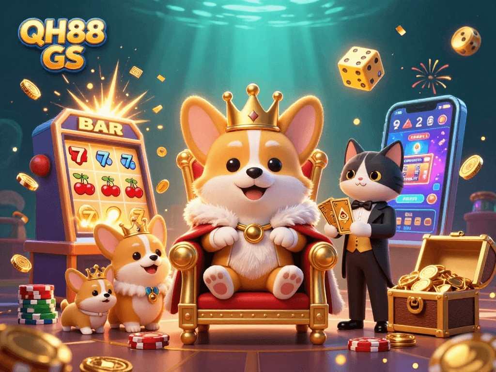 Experience the excitement of QH88 GS with vibrant corgis, a jackpot, and a thrilling casino atmosphere.