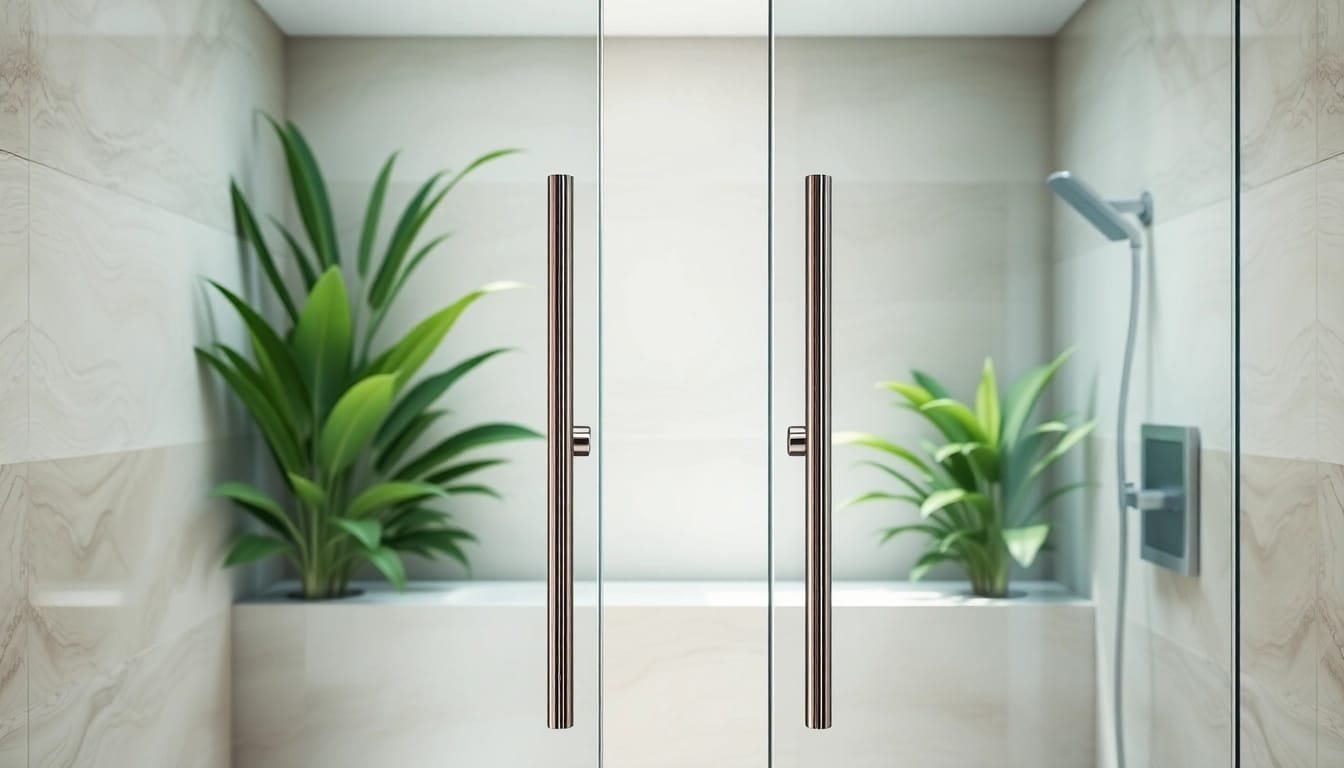 Showcasing elegant shower doors with clear glass and sleek design in a contemporary bathroom.