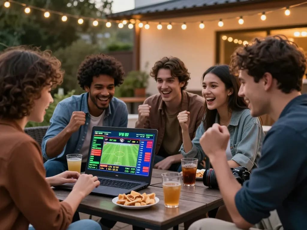 Group of friends enjoying V9BET live sports betting experience on a terrace