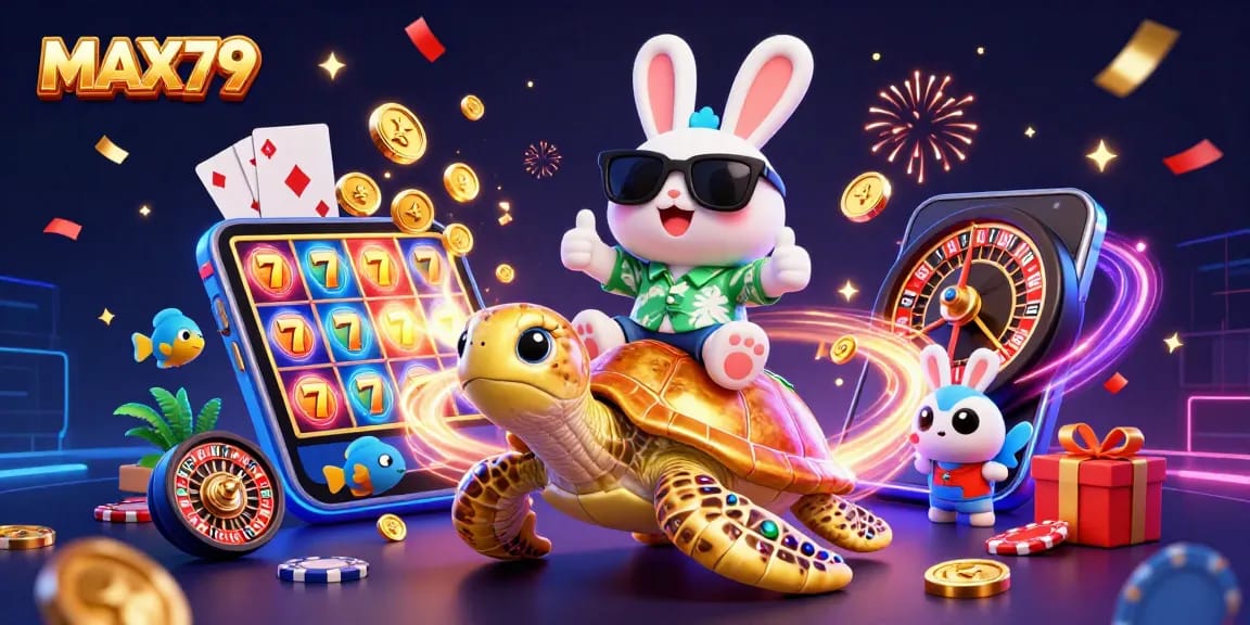 Experience thrilling slots at MAX79 with a cartoon lucky rabbit and a golden sea turtle in a vibrant casino setting.
