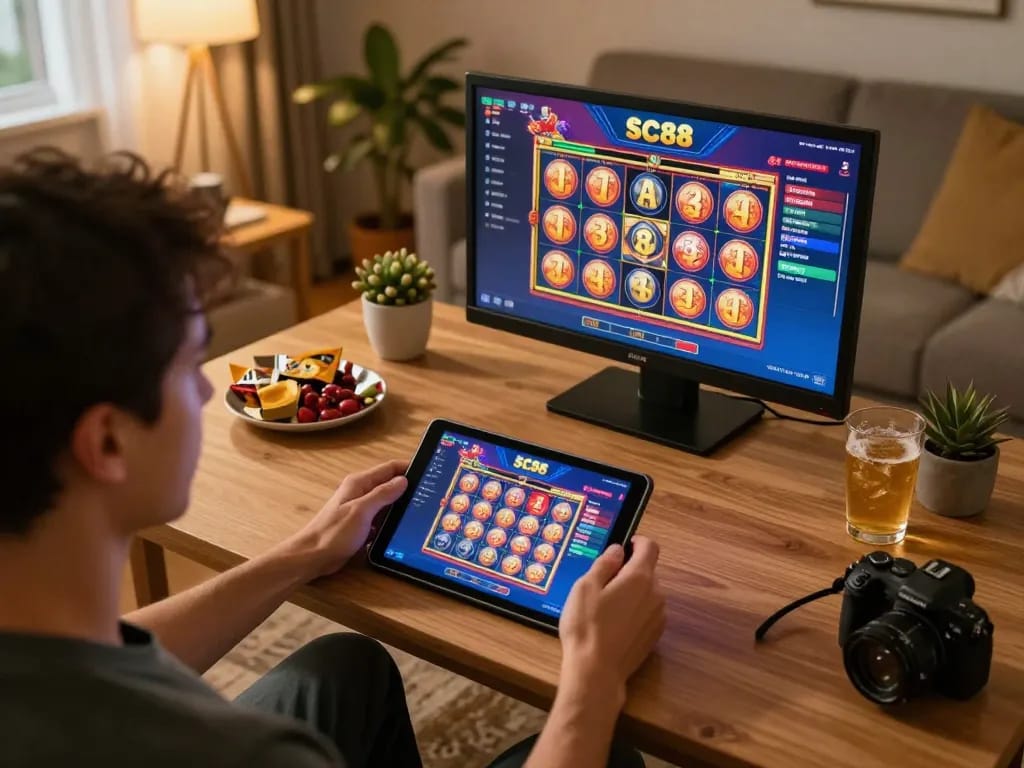 Engaging player enjoying SC88 slot games on tablet in cozy home setup, demonstrating responsible gaming