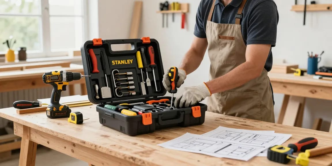 Organizing a stanley rolling tool box filled with hand tools in a bright workshop.