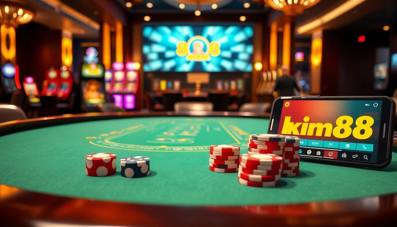 High-stakes gaming at the kim88 blackjack table with vibrant poker chips and a luxurious atmosphere.