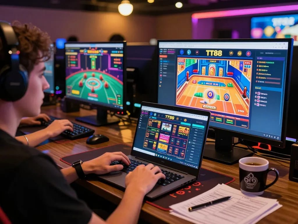 Engaging in online gaming at TT88 casino with vibrant displays and strategy notes