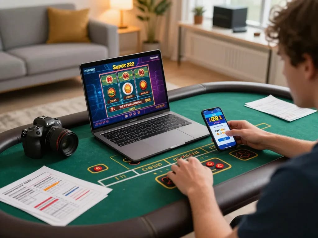 Player engaging with Super 222 app on laptop while managing bankroll at home