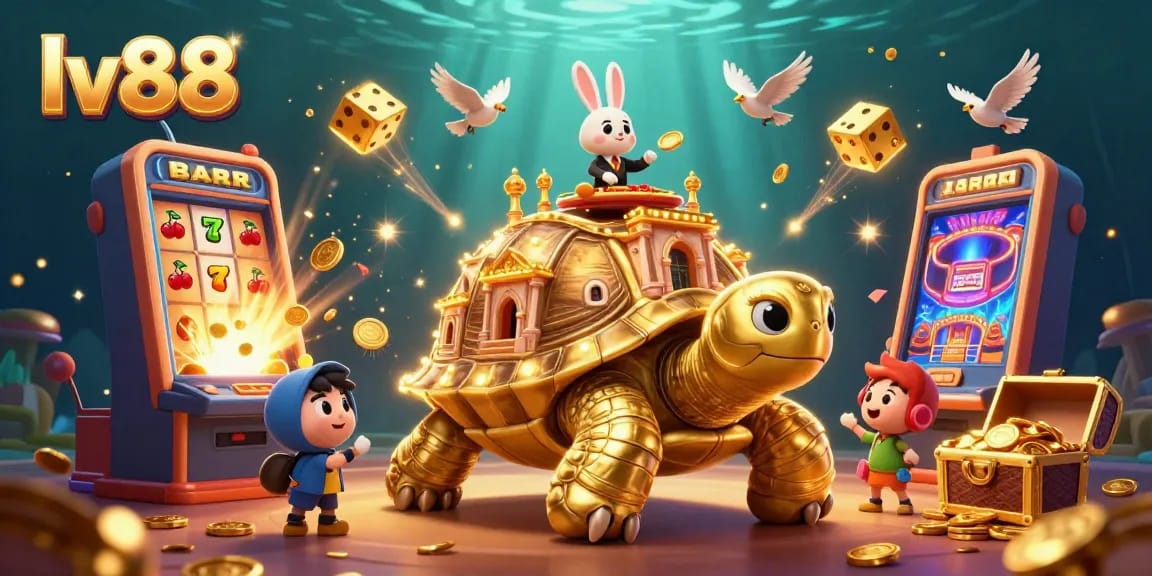 Experience the thrill of lv88 with a vibrant casino scene featuring a golden tortoise and jackpot festivities.