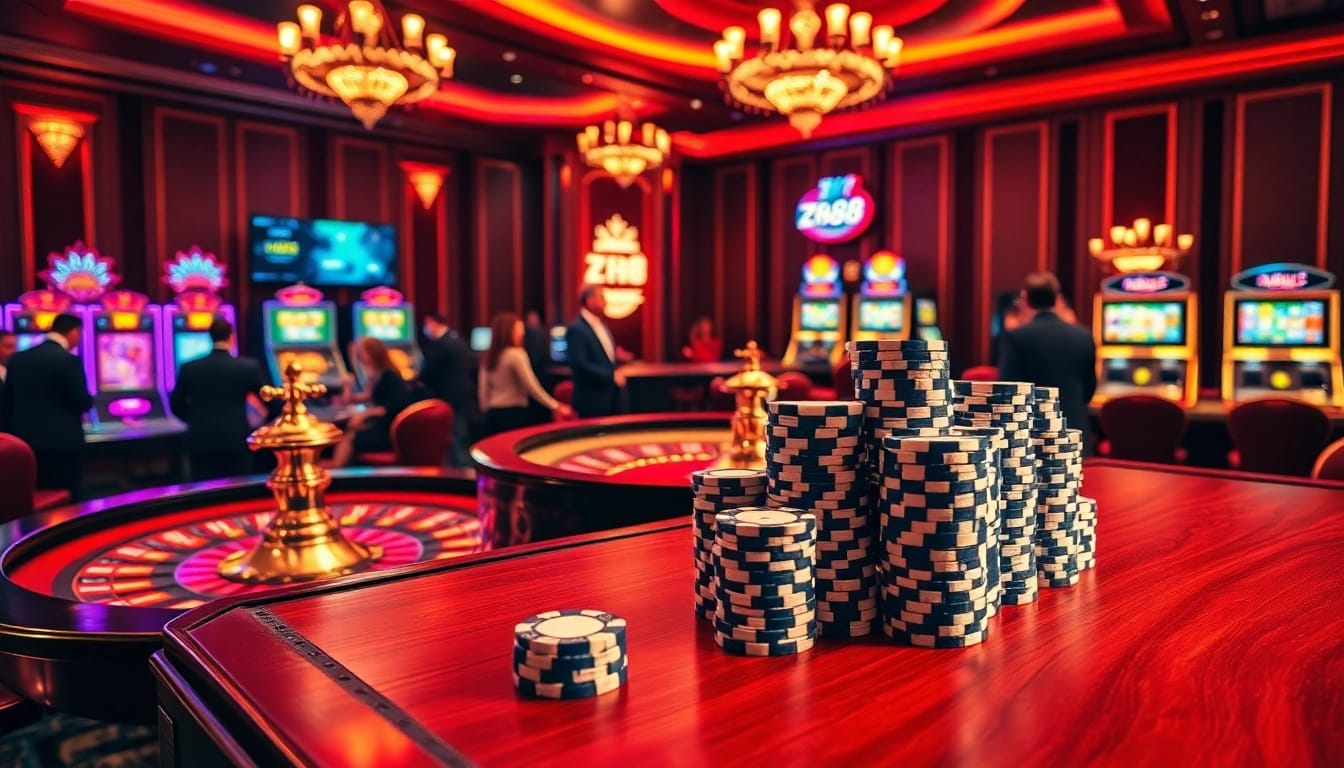 ZK88 Club's vibrant casino scene with roulette, poker chips, and slot machines, showcasing an elegant atmosphere.