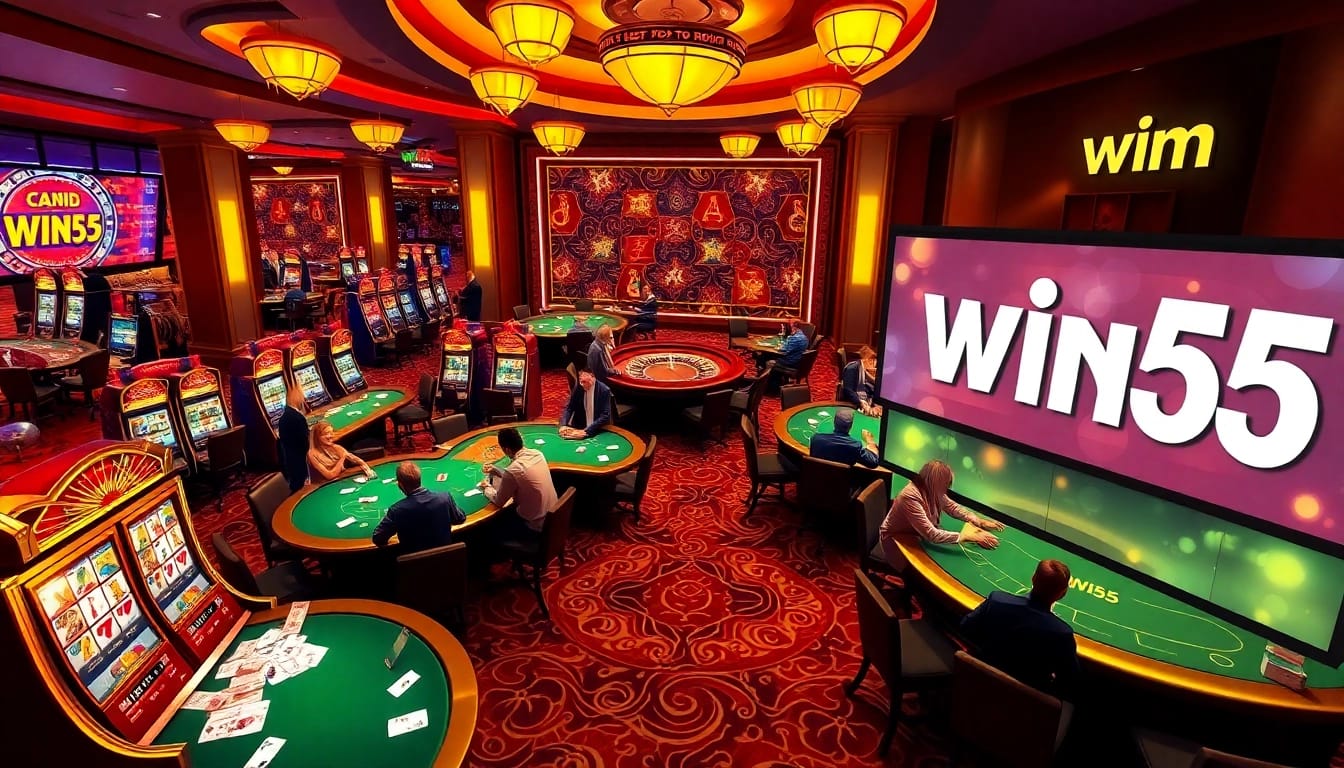 Players enjoying the best of Win55 at a luxurious casino, betting and winning in excitement.