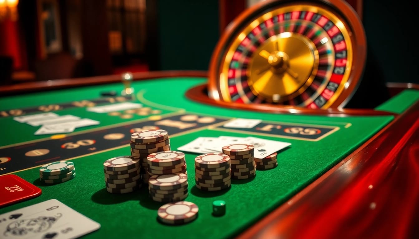 Players enjoying a thrilling game at 68VIP casino table with vibrant poker chips and cards.