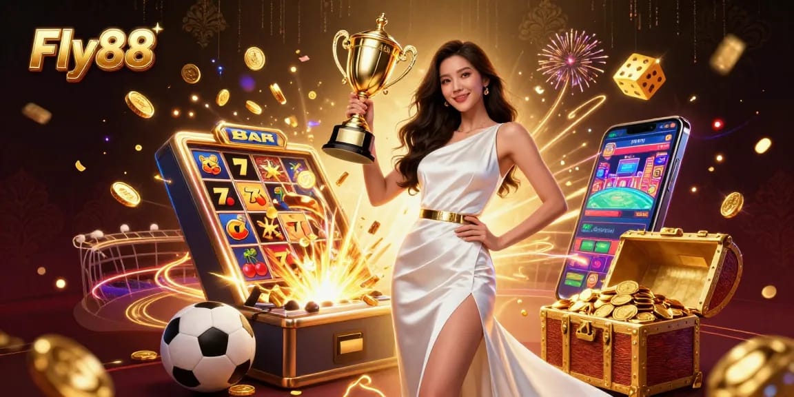 Fly88 showcases a victorious woman in a casino-themed digital illustration, celebrating with a trophy and betting elements.