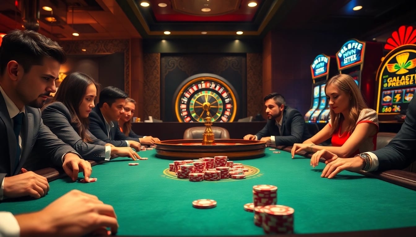 Players engage in a thrilling poker game at OKWIN, showcasing high-stakes action and vibrant casino atmosphere.