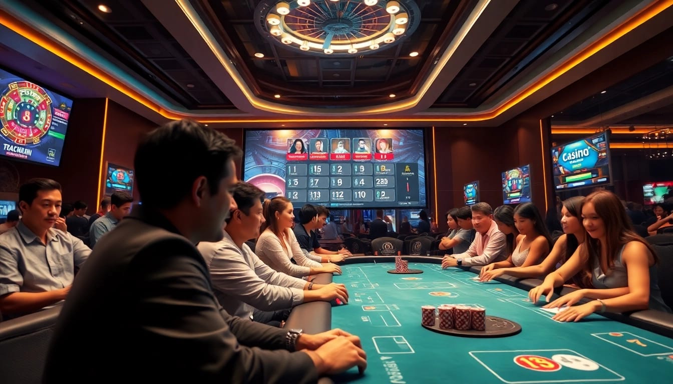 Engaging scene of players enjoying online casino games at okvipwin.live, illustrating an exciting betting atmosphere.