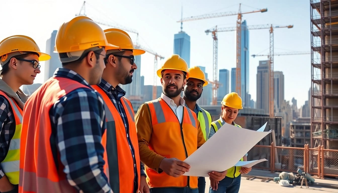 New York City Commercial General Contractor overseeing a bustling construction site with a diverse team.
