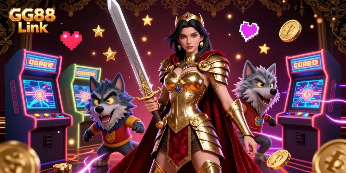 Engage with the exciting GG88 Link casino scene featuring vibrant games, a warrior queen, and her glowing wolf companion.