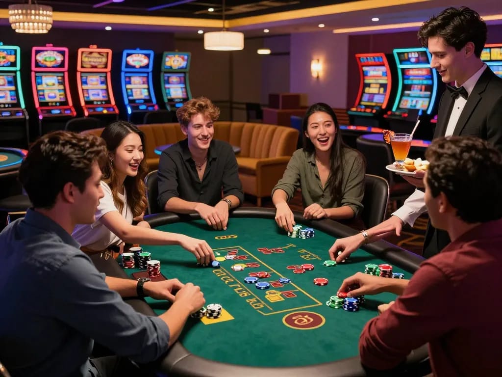 Group enjoying exciting game at nk88 casino filled with vibrant lights and lively atmosphere.