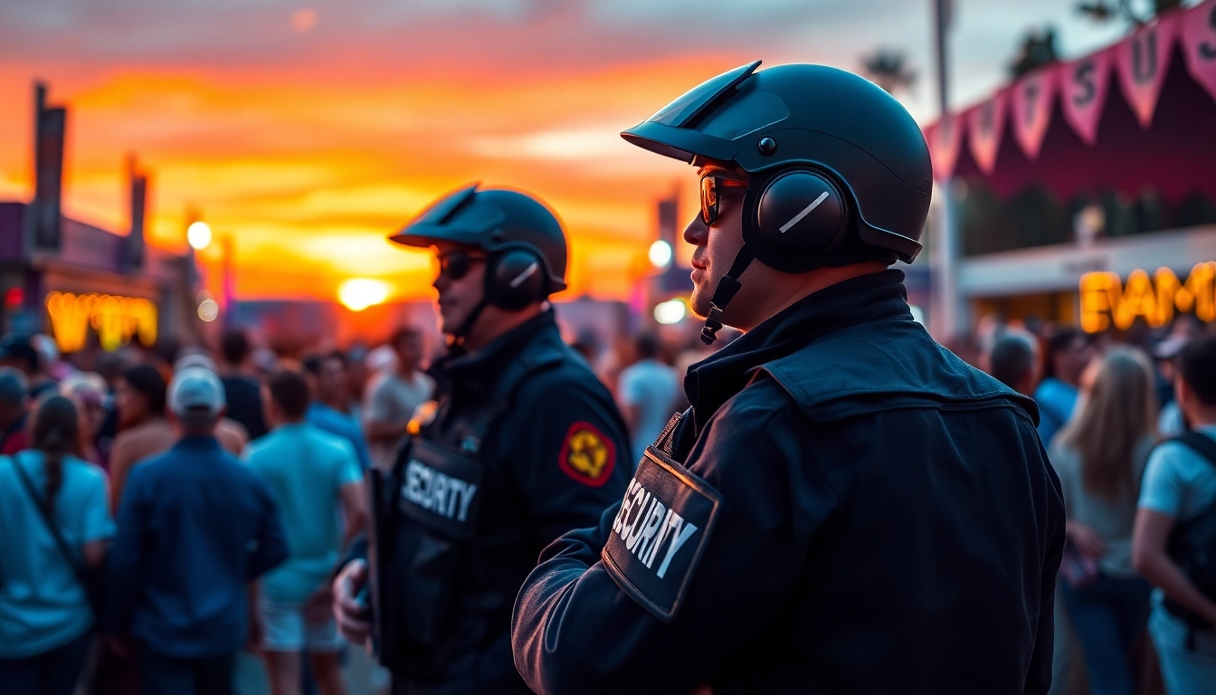 Ensuring Event Security, professionals monitor a vibrant outdoor gathering with alertness and vigilance.