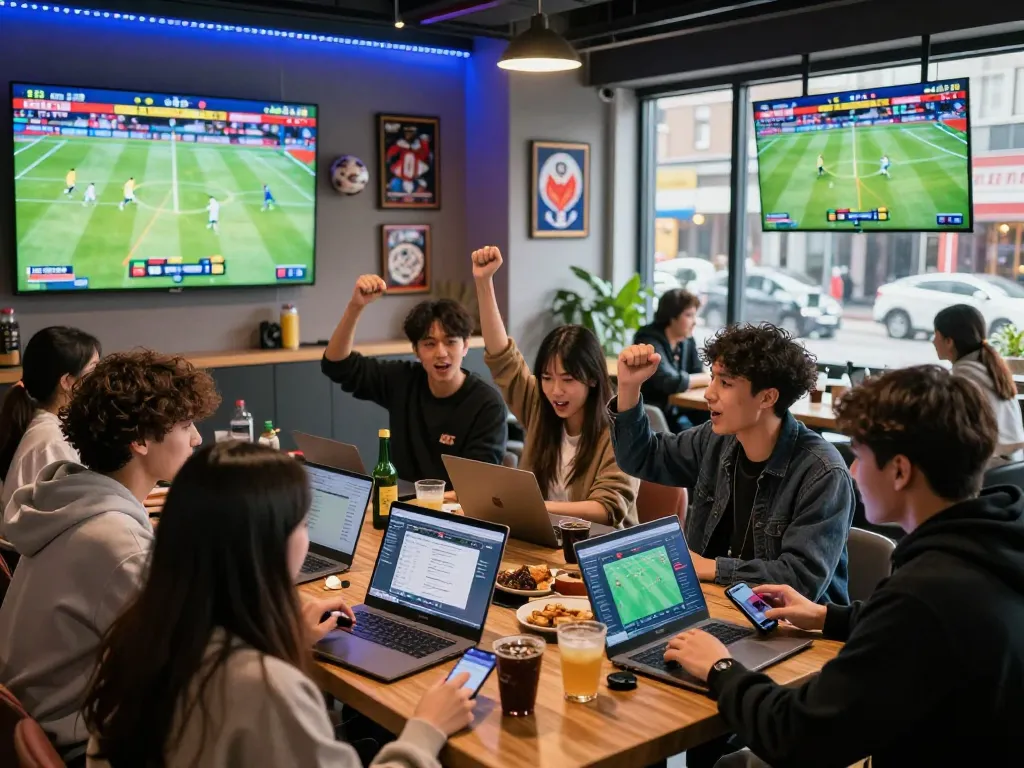 Engaging sports betting scene showcasing kèo nhà cái hôm nay with lively groups analyzing odds in a modern lounge setting.
