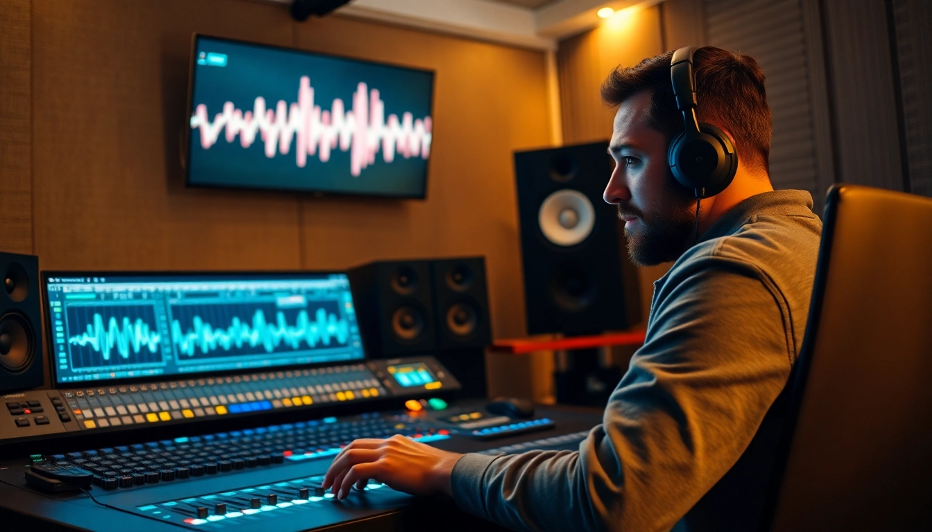 Showcasing online mastering services in a professional recording studio with a focused audio engineer.