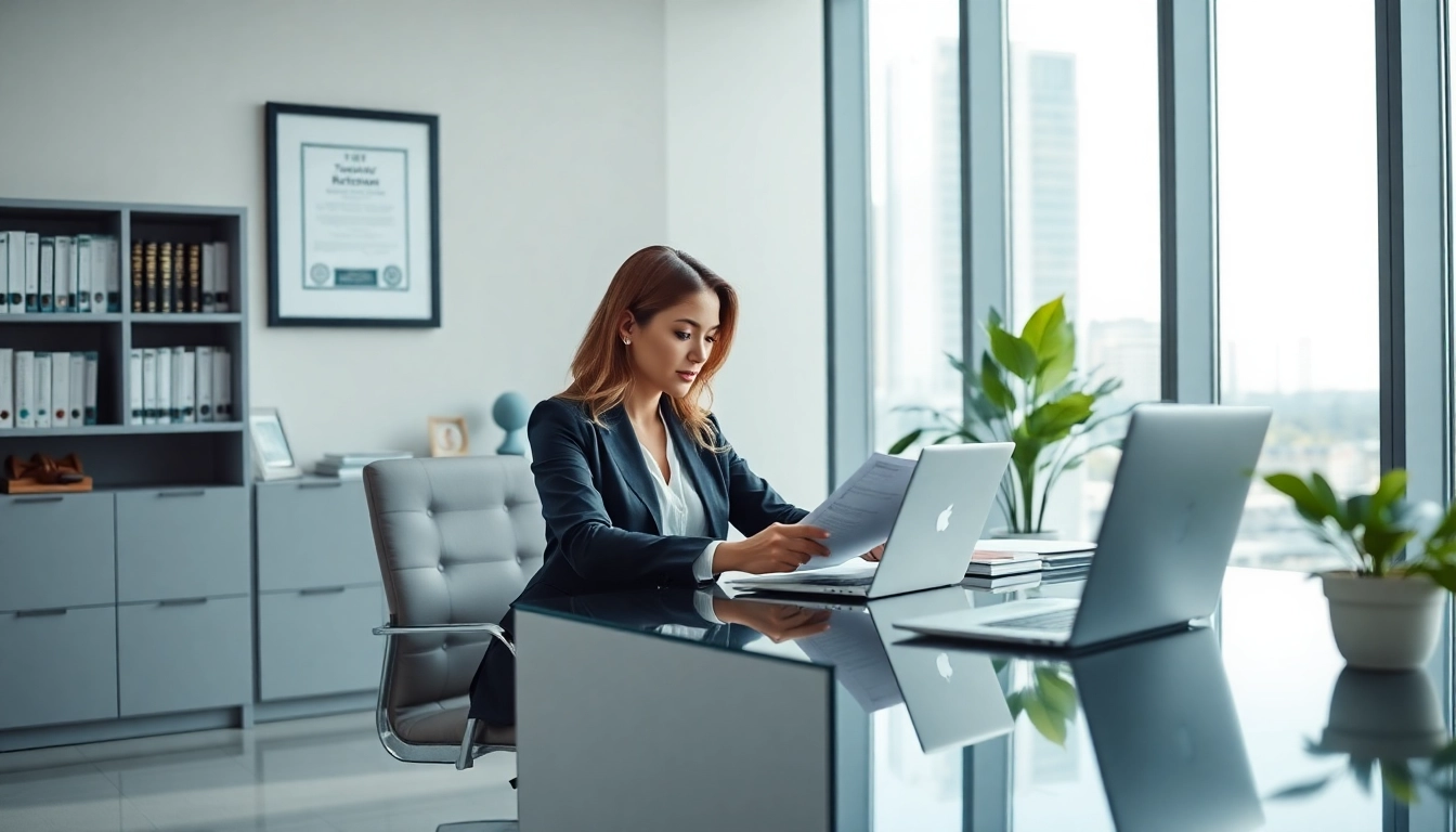 Trademark and intellectual property in the US represented by a Miami attorney assisting clients in a modern office.