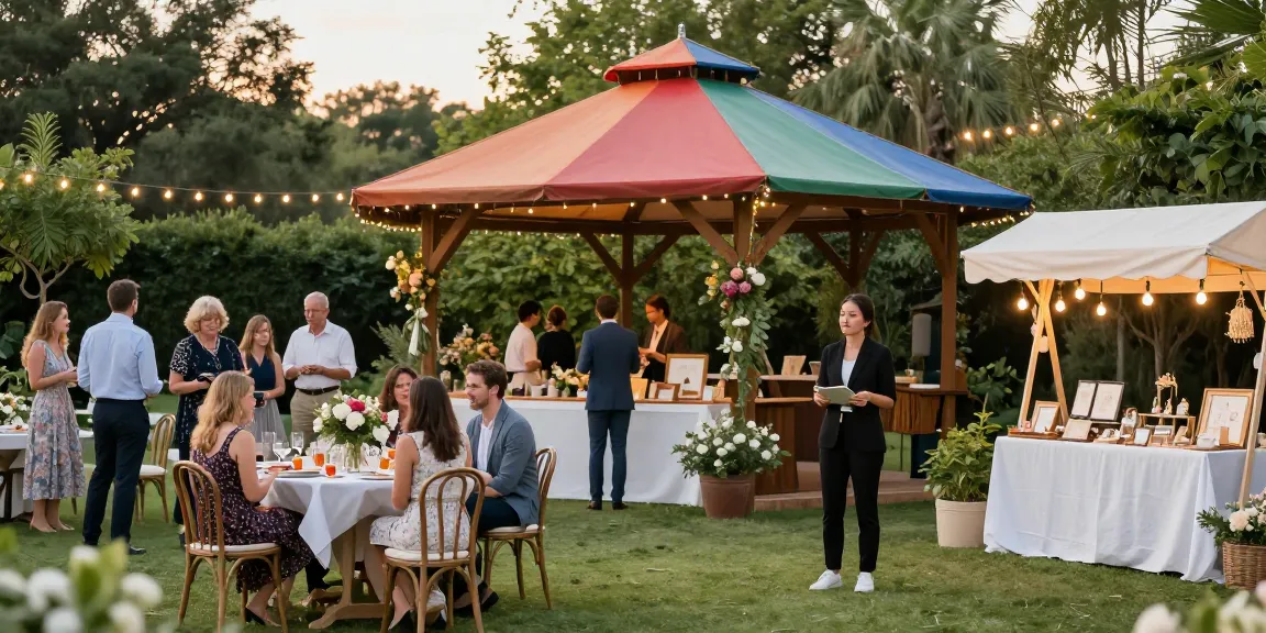 Stylish gazebo hire London for garden parties featuring vibrant decor and guests enjoying refreshments.