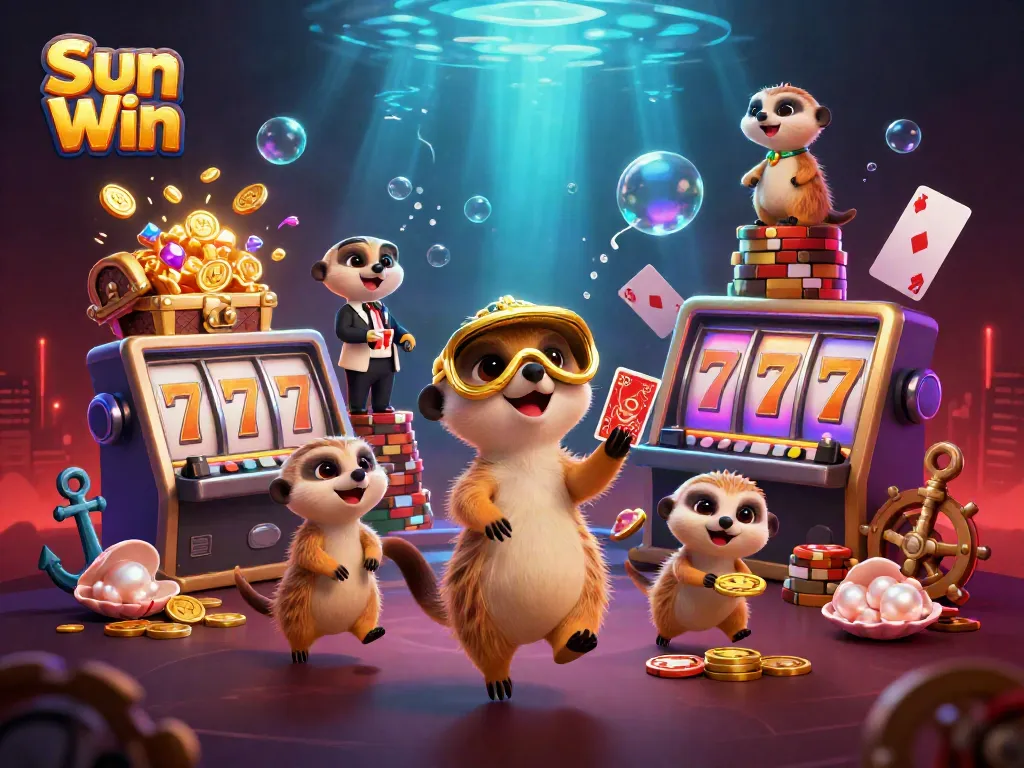 Experience the thrill of Sun Win in a vibrant cartoon casino illustrated with meerkats and slot machines.