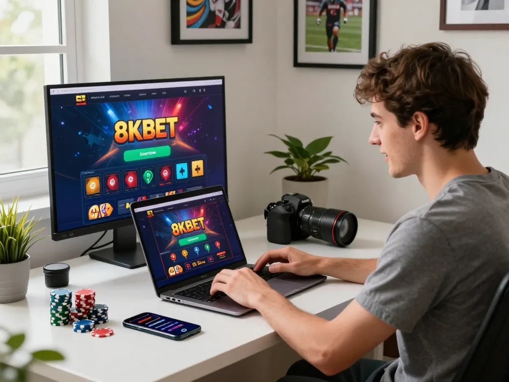 Exciting online gaming experience with 8KBET, showcasing vibrant graphics and focused enthusiasm.
