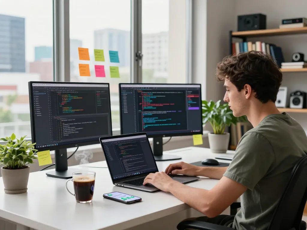 Developer using the clawdbot personal AI assistant in a vibrant workspace.