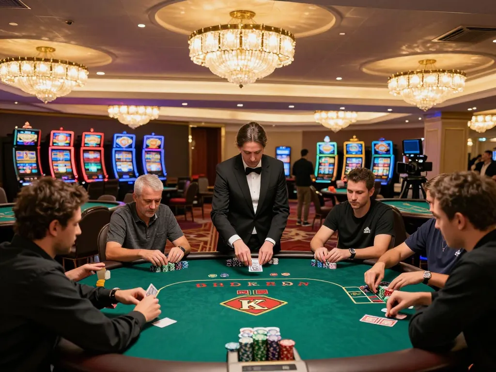 Players strategizing at a KKWIN poker table during an exciting game night with vibrant casino ambiance.